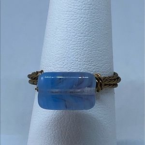 Handmade Blue Clear Glass Bead Ring on Brass  Wire